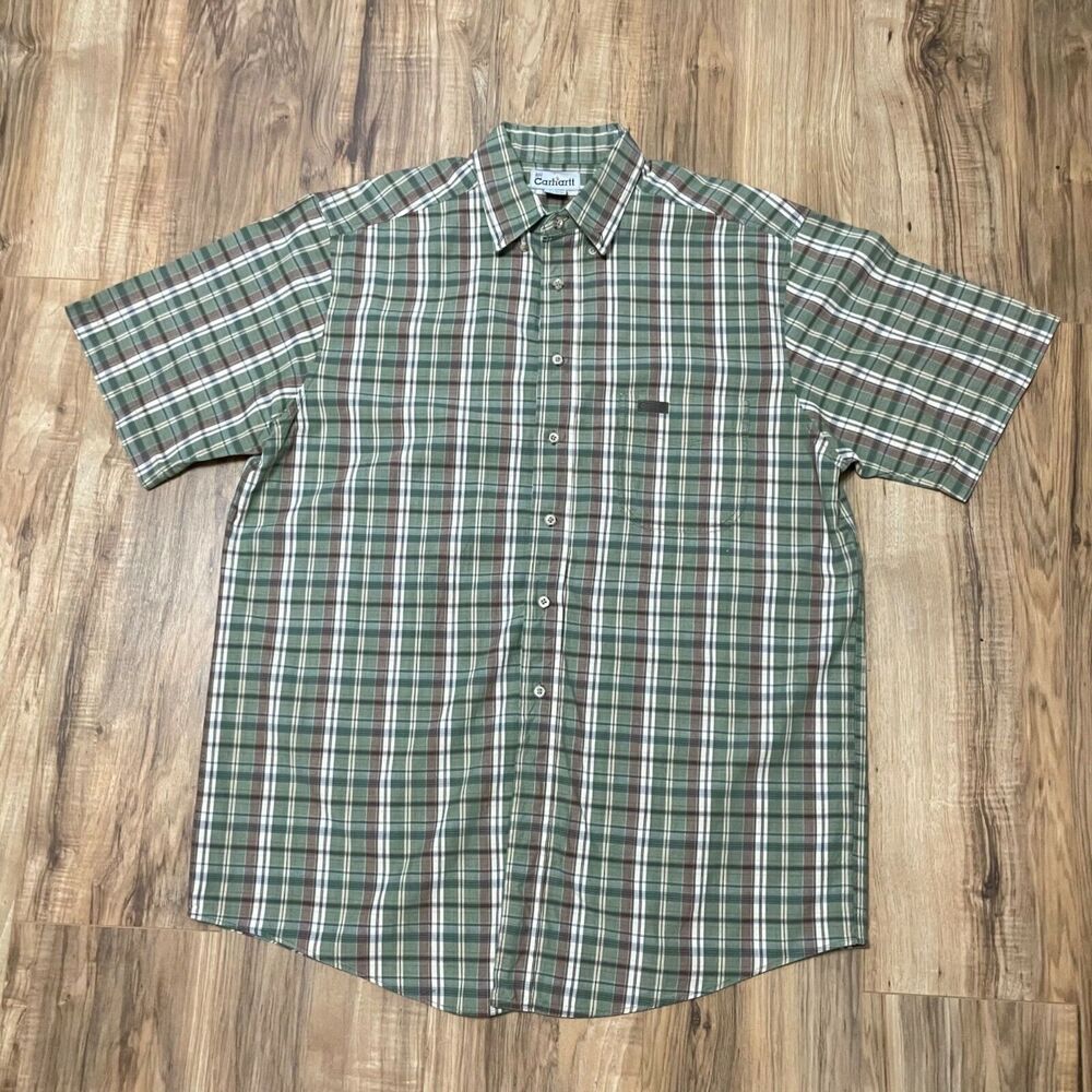 Carhartt Men's Large Green Brown Plaid Short Sleeve Button Down Shirt - GUC